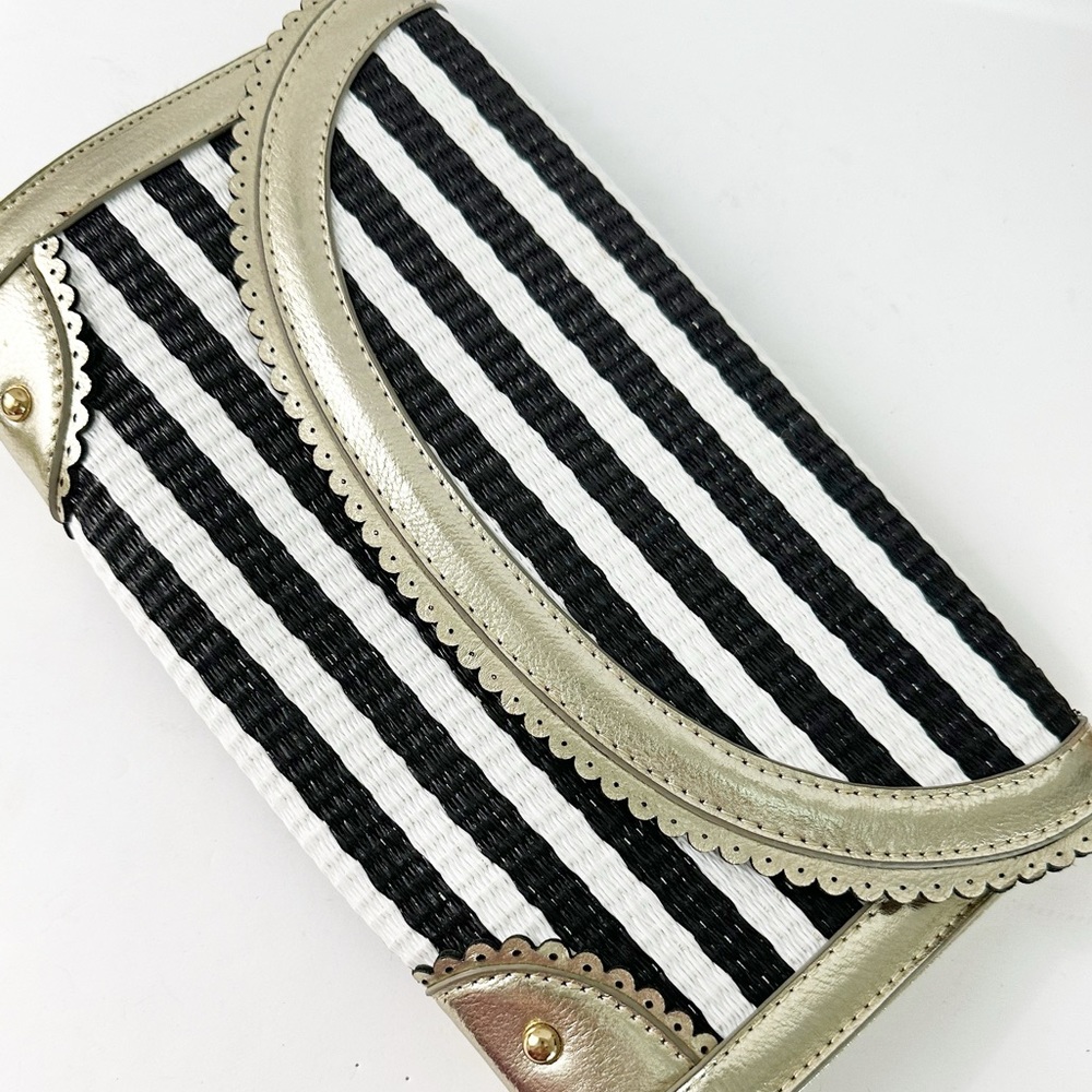 Black and white striped straw clutch purse gold scallop Classic Chic